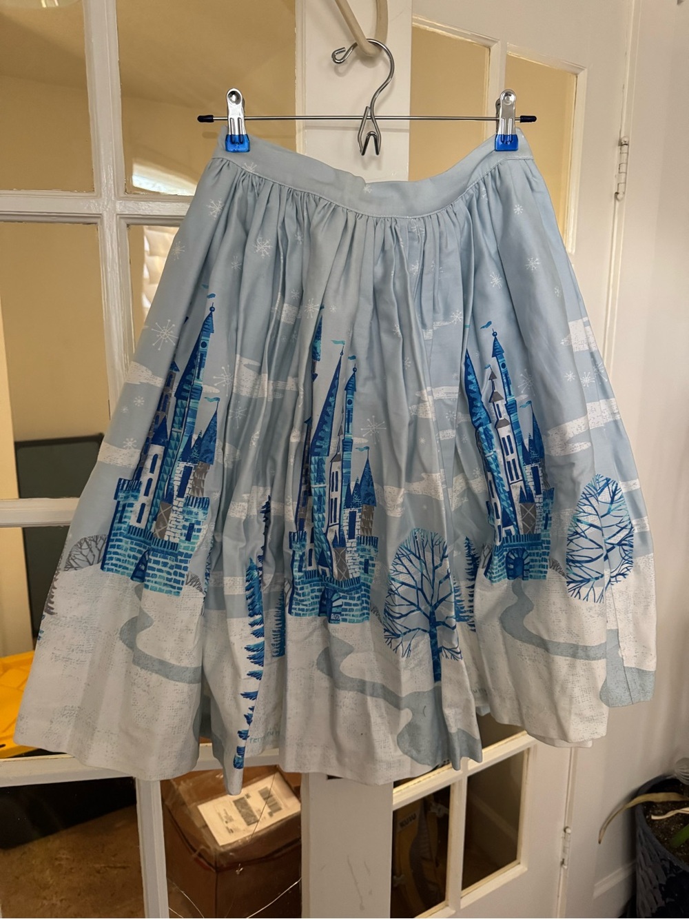 Vintage Inspired Blue Winter Castle Print Full Skirt